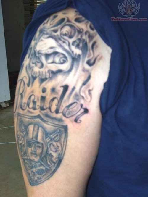 Skull and Raiders Logo Tattoo On Half Sleeve
